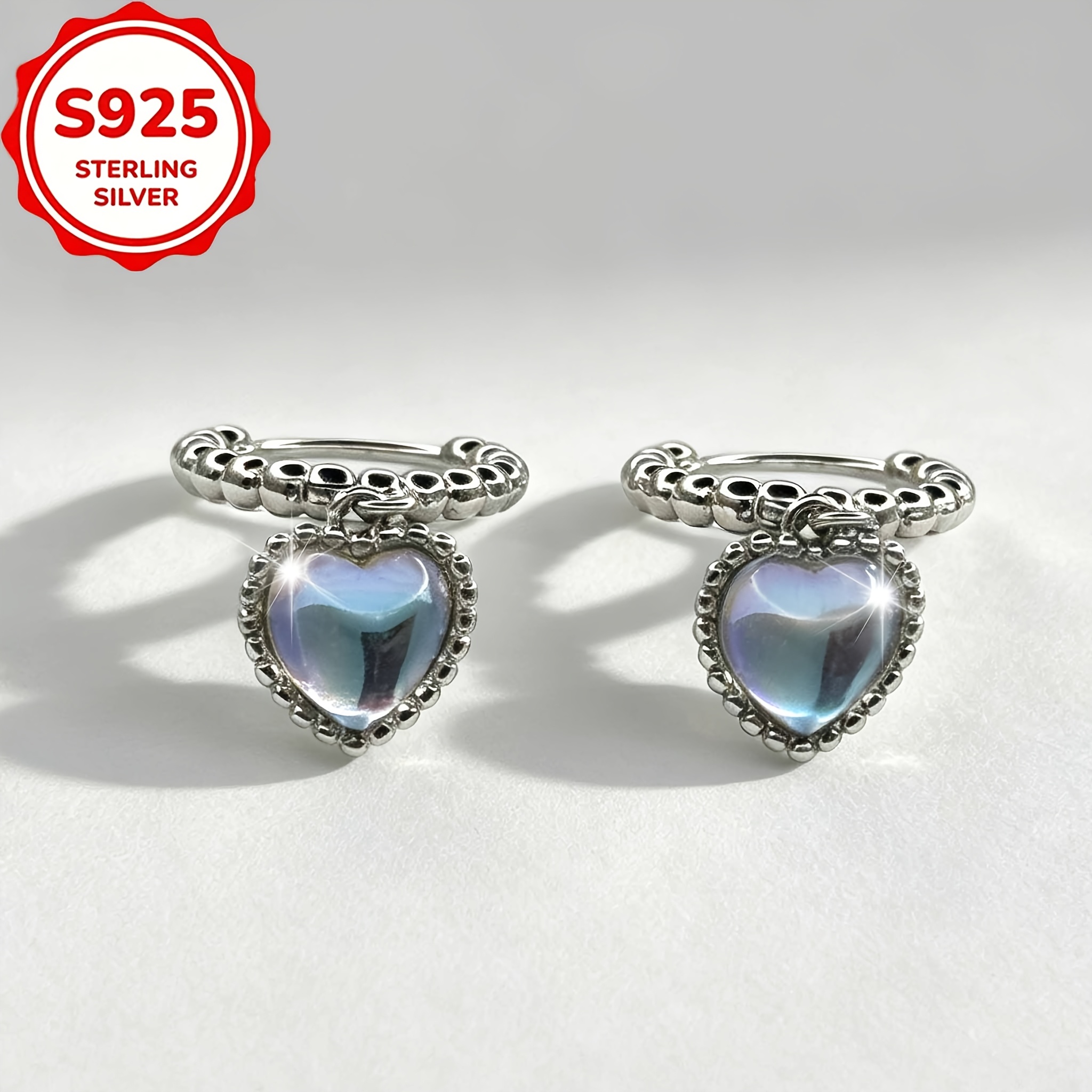 S925 Silver Heart Moonstone Drop Earrings, Openable